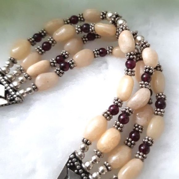 Bracelet Natural (br6) Gemstones Cream Aventurine Garnet 925 Silver 4-strand - Picture 7 of 10